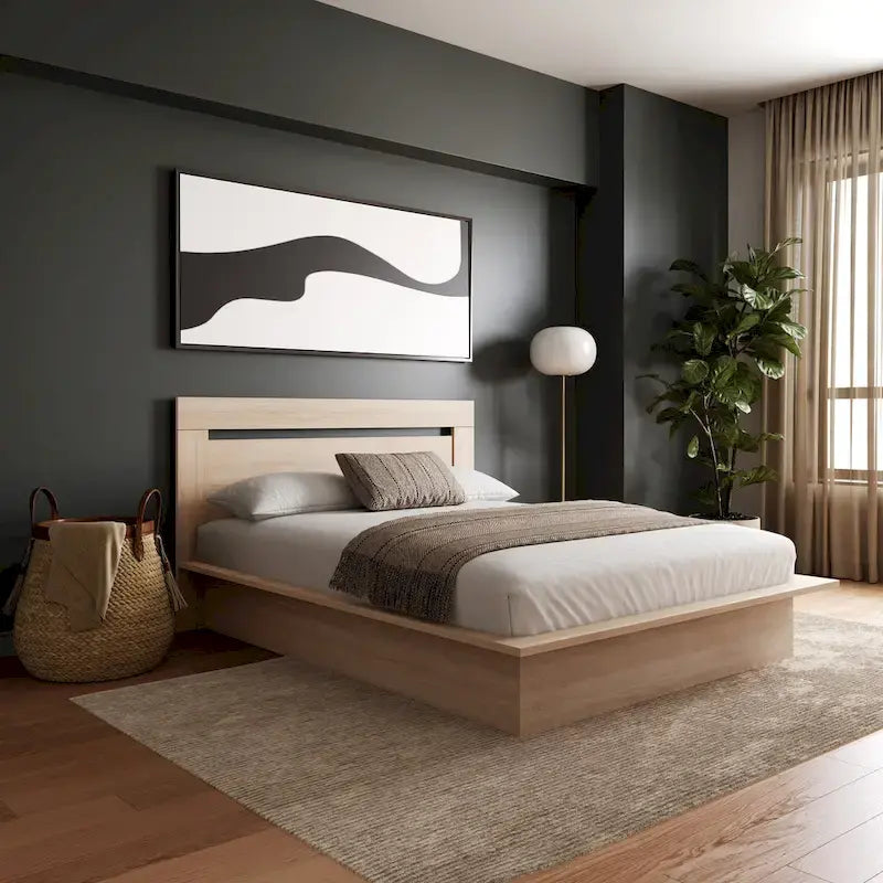 Lit plateforme en bois composite avec chevets et tête de lit larges, Chêne brun / Chêne blond naturel, Style minimaliste, Double / Queen, 2 personnes