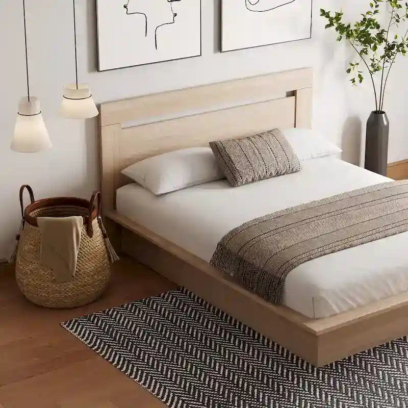 Lit plateforme en bois composite avec chevets et tête de lit larges, Chêne brun / Chêne blond naturel, Style minimaliste, Double / Queen, 2 personnes