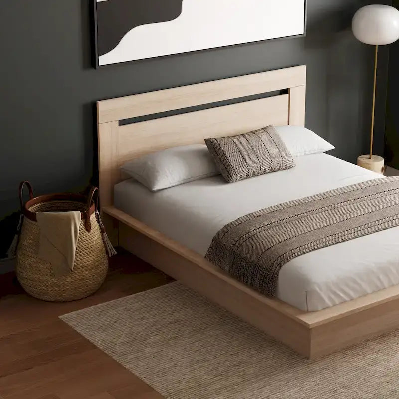 Lit plateforme en bois composite avec chevets et tête de lit larges, Chêne brun / Chêne blond naturel, Style minimaliste, Double / Queen, 2 personnes