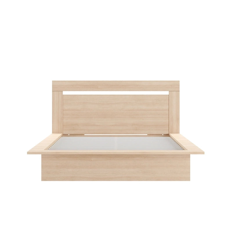 Lit plateforme en bois composite avec chevets et tête de lit larges, Chêne brun / Chêne blond naturel, Style minimaliste, Double / Queen, 2 personnes