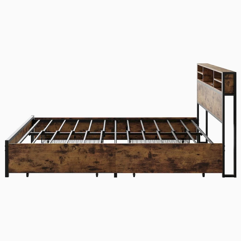 Lit plateforme en métal avec tête de lit de rangement et 4 tiroirs, noir, style moderne, Queen, 2 places