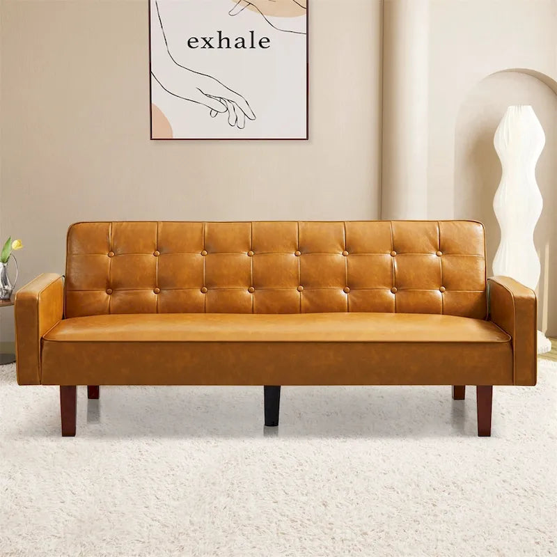 Canapé-lit futon convertible, bleu / marron / noir, similicuir, 2 places