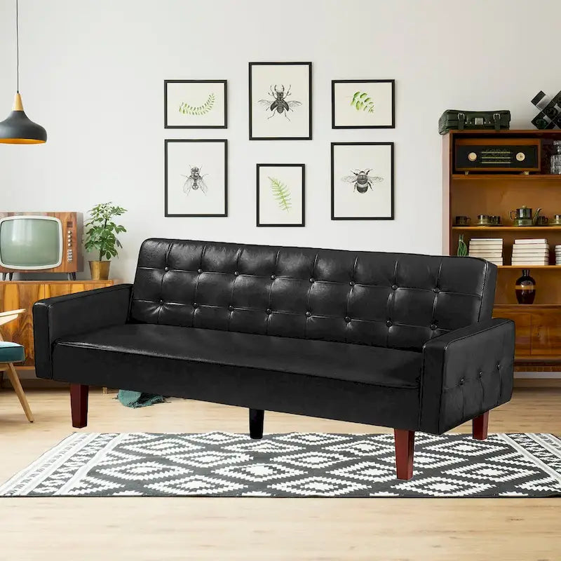 Canapé-lit futon convertible, bleu / marron / noir, similicuir, 2 places