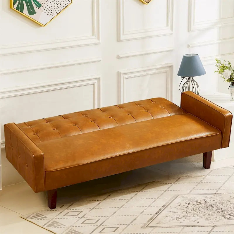 Canapé-lit futon convertible, bleu / marron / noir, similicuir, 2 places