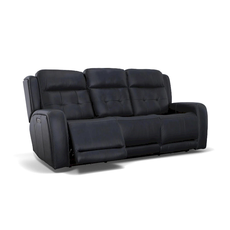 Canapé inclinable électrique en cuir avec appuis-tête électriques, ivoire / bleu, capitonné, 3 places