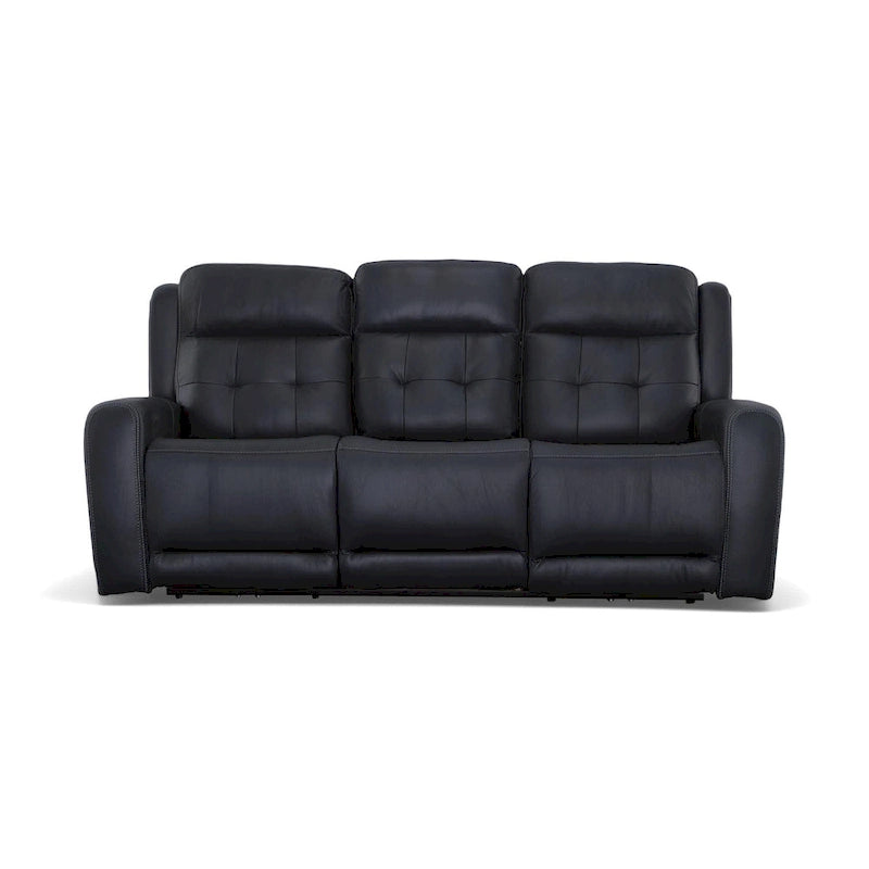Canapé inclinable électrique en cuir avec appuis-tête électriques, ivoire / bleu, capitonné, 3 places