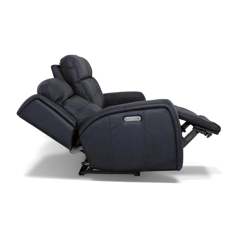 Canapé inclinable électrique en cuir avec appuis-tête électriques, ivoire / bleu, capitonné, 3 places