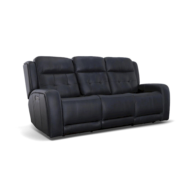 Canapé inclinable électrique en cuir avec appuis-tête électriques, ivoire / bleu, capitonné, 3 places