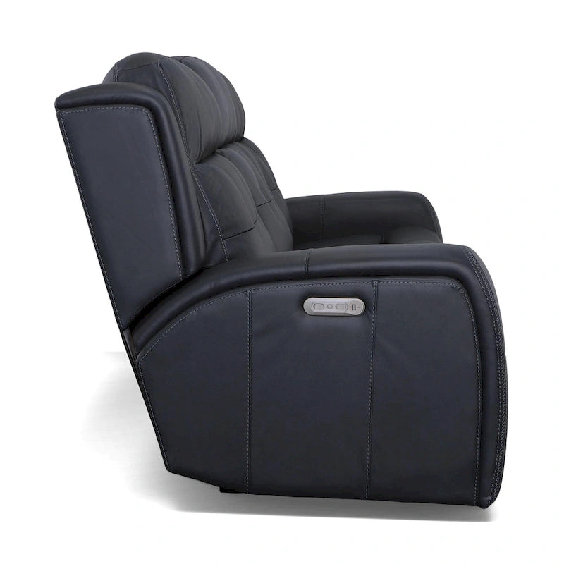 Canapé inclinable électrique en cuir avec appuis-tête électriques, ivoire / bleu, capitonné, 3 places