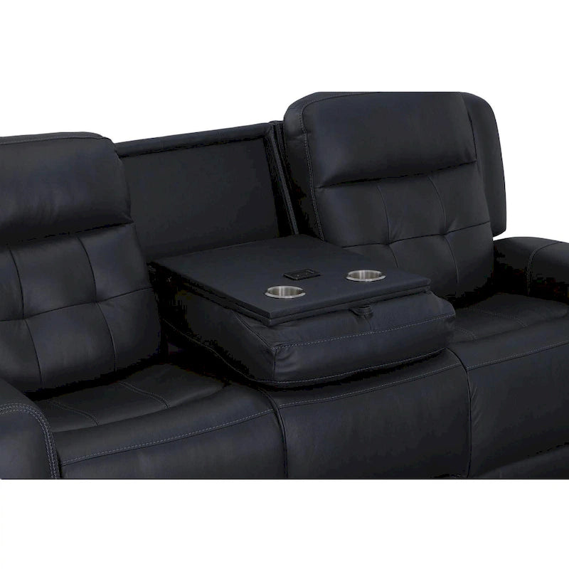 Canapé inclinable électrique en cuir avec appuis-tête électriques, ivoire / bleu, capitonné, 3 places