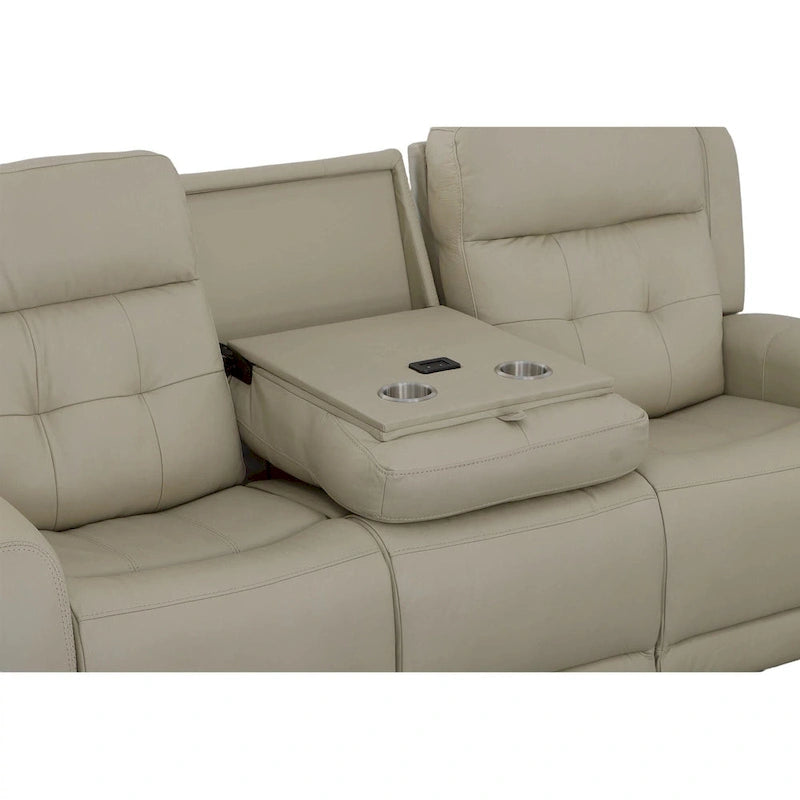 Canapé inclinable électrique en cuir avec appuis-tête électriques, ivoire / bleu, capitonné, 3 places