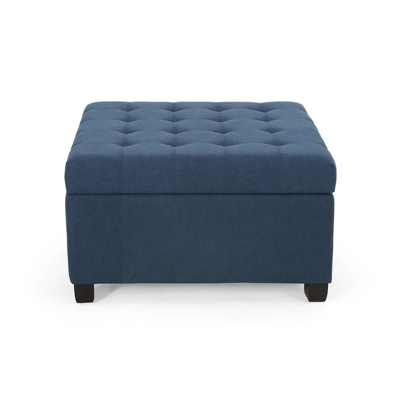 Pouf de rangement carré avec couvercle touffeté, bleu marine / marron / blé / gris foncé, 1 place