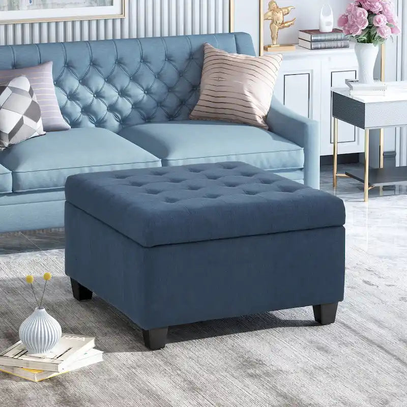 Pouf de rangement carré avec couvercle touffeté, bleu marine / marron / blé / gris foncé, 1 place