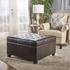 Pouf de rangement carré avec couvercle touffeté, bleu marine / marron / blé / gris foncé, 1 place
