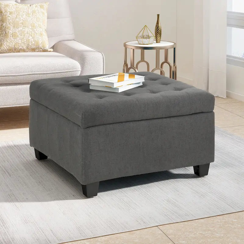 Pouf de rangement carré avec couvercle touffeté, bleu marine / marron / blé / gris foncé, 1 place