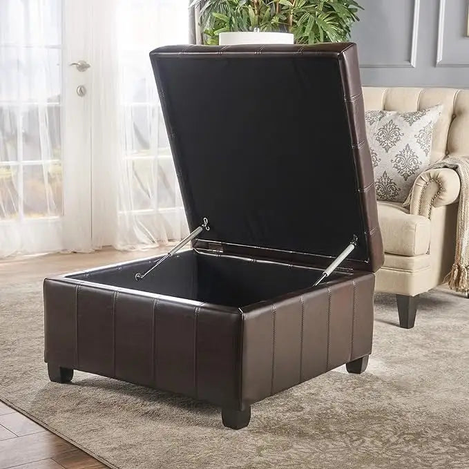 Pouf de rangement carré avec couvercle touffeté, bleu marine / marron / blé / gris foncé, 1 place