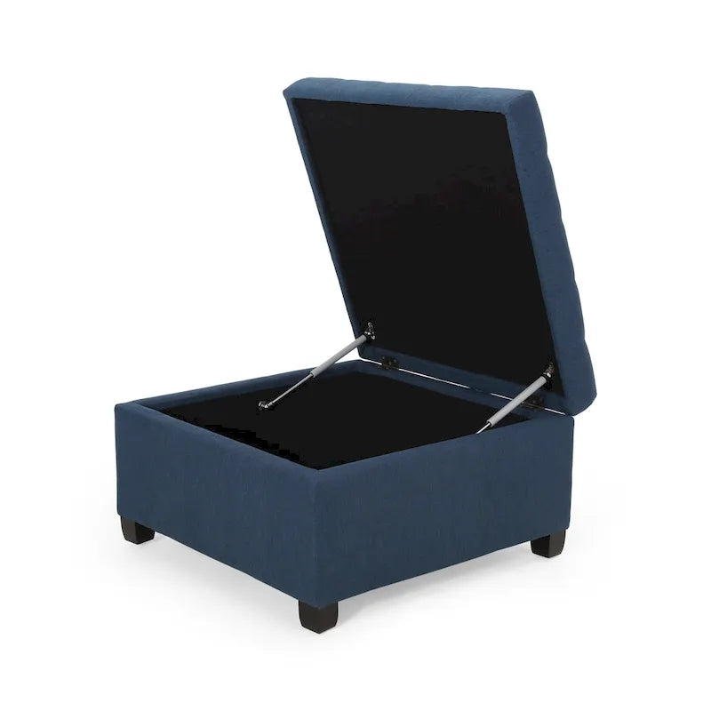 Pouf de rangement carré avec couvercle touffeté, bleu marine / marron / blé / gris foncé, 1 place
