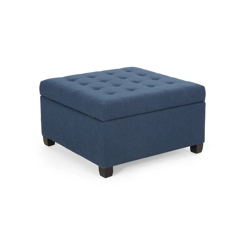 Pouf de rangement carré avec couvercle touffeté, bleu marine / marron / blé / gris foncé, 1 place