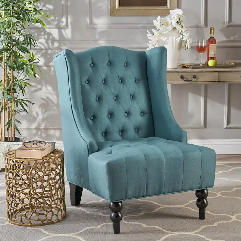 Fauteuil d'appoint capitonné à oreilles, sarcelle/bleu marine, surpiqûres losanges, pieds en bouleau, 1 place