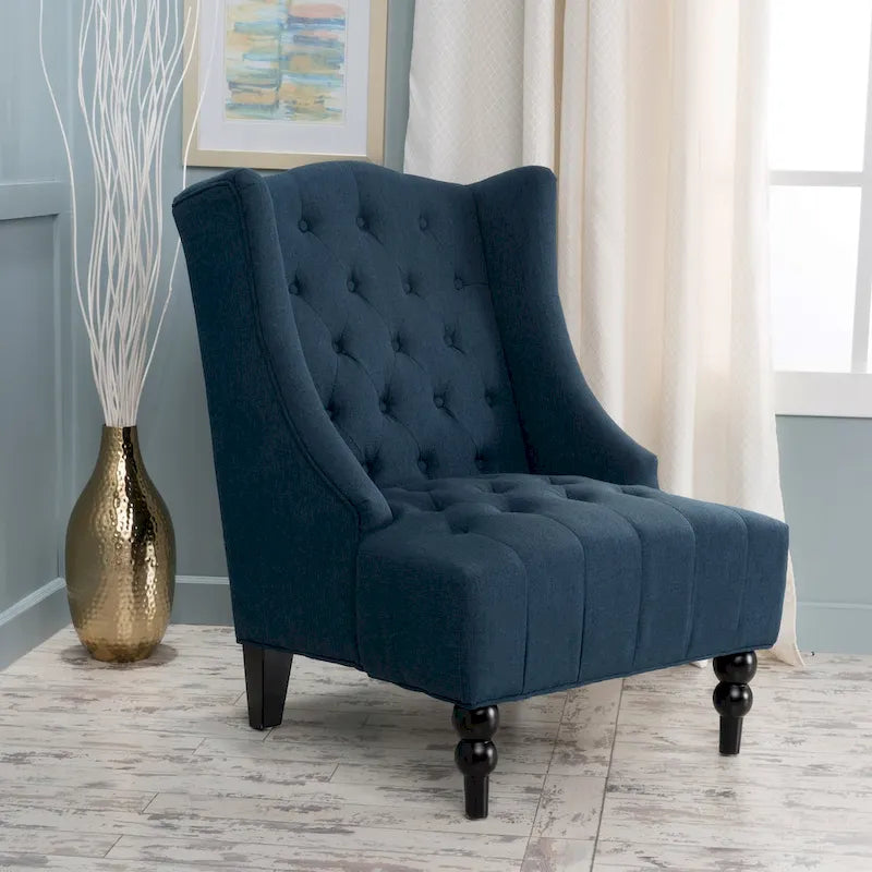 Fauteuil d'appoint capitonné à oreilles, sarcelle/bleu marine, surpiqûres losanges, pieds en bouleau, 1 place