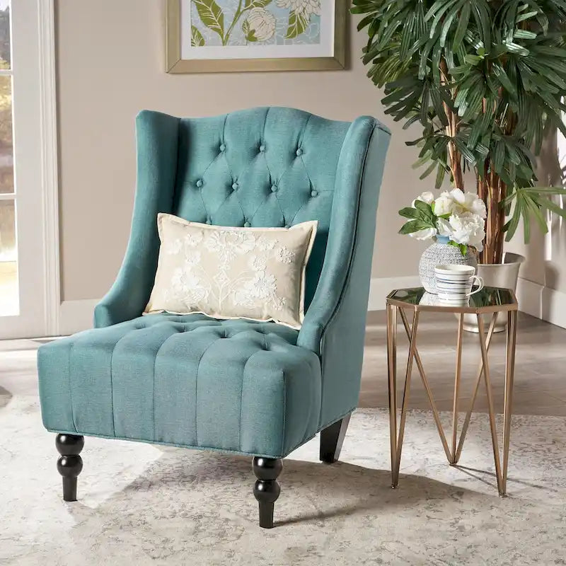 Fauteuil d'appoint capitonné à oreilles, sarcelle/bleu marine, surpiqûres losanges, pieds en bouleau, 1 place