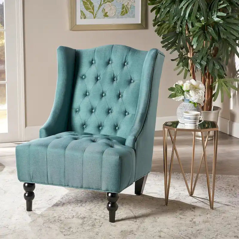 Fauteuil d'appoint capitonné à oreilles, sarcelle/bleu marine, surpiqûres losanges, pieds en bouleau, 1 place