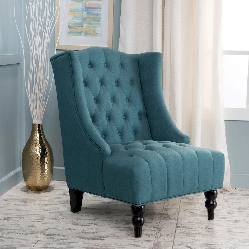 Fauteuil d'appoint capitonné à oreilles, sarcelle/bleu marine, surpiqûres losanges, pieds en bouleau, 1 place