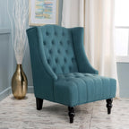 Fauteuil d'appoint capitonné à oreilles, sarcelle/bleu marine, surpiqûres losanges, pieds en bouleau, 1 place