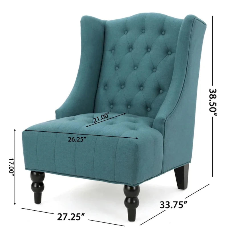 Fauteuil d'appoint capitonné à oreilles, sarcelle/bleu marine, surpiqûres losanges, pieds en bouleau, 1 place