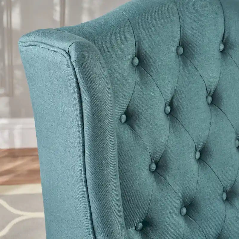 Fauteuil d'appoint capitonné à oreilles, sarcelle/bleu marine, surpiqûres losanges, pieds en bouleau, 1 place