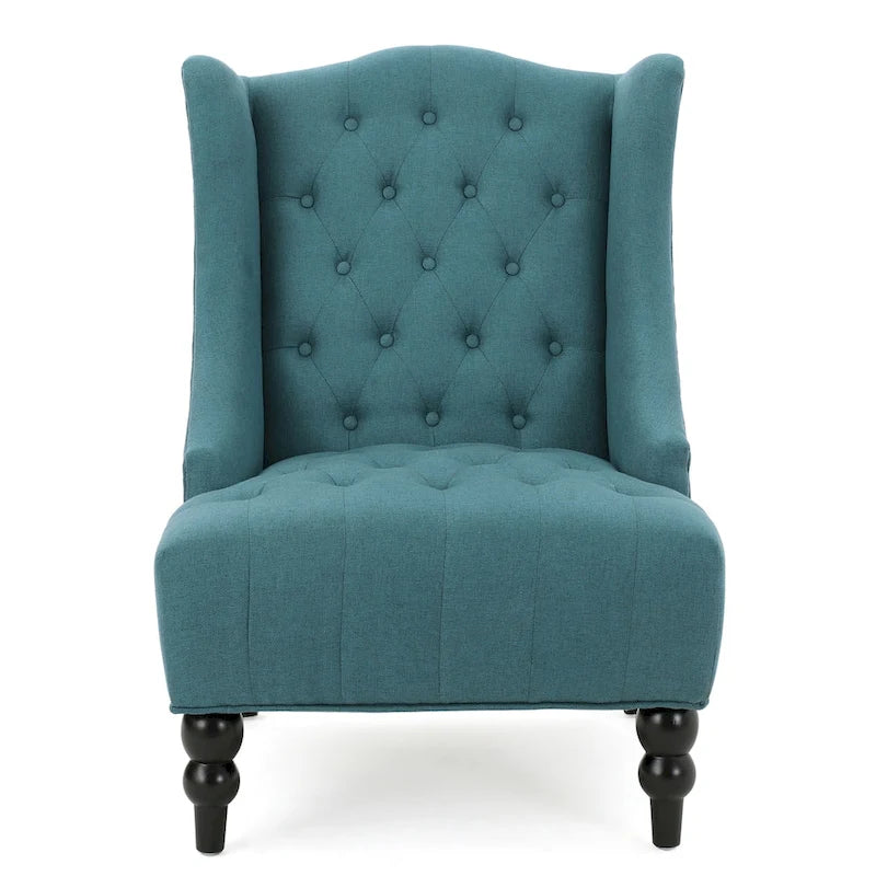Fauteuil d'appoint capitonné à oreilles, sarcelle/bleu marine, surpiqûres losanges, pieds en bouleau, 1 place