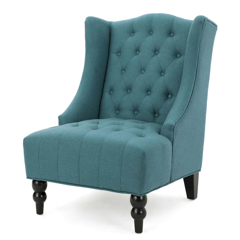 Fauteuil d'appoint capitonné à oreilles, sarcelle/bleu marine, surpiqûres losanges, pieds en bouleau, 1 place
