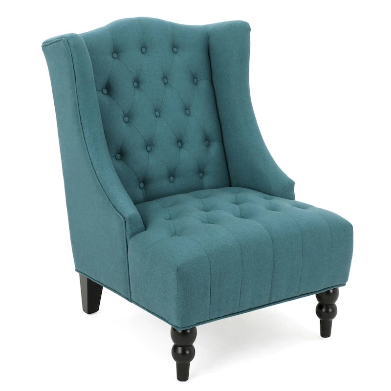 Fauteuil d'appoint capitonné à oreilles, sarcelle/bleu marine, surpiqûres losanges, pieds en bouleau, 1 place