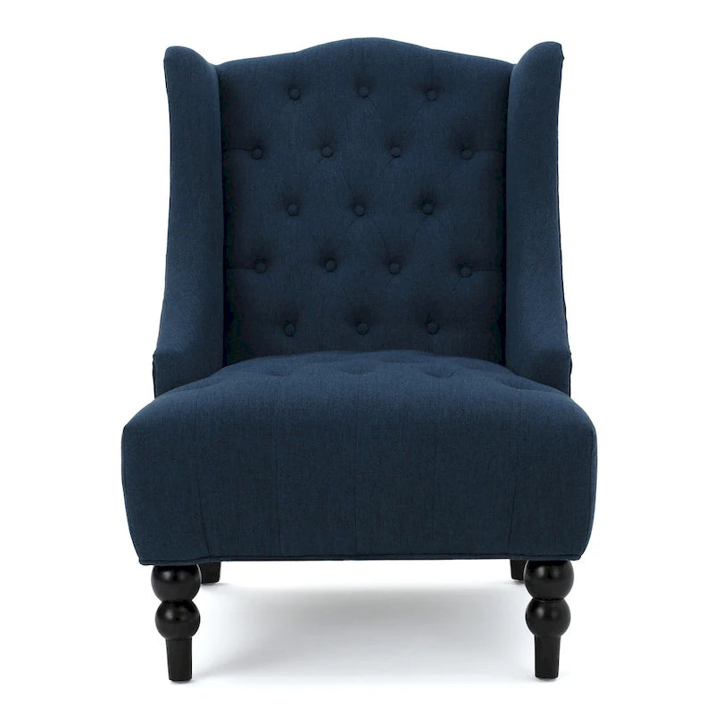 Fauteuil d'appoint capitonné à oreilles, sarcelle/bleu marine, surpiqûres losanges, pieds en bouleau, 1 place