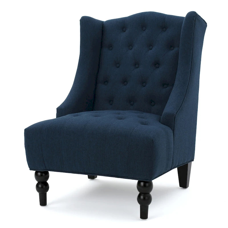 Fauteuil d'appoint capitonné à oreilles, sarcelle/bleu marine, surpiqûres losanges, pieds en bouleau, 1 place