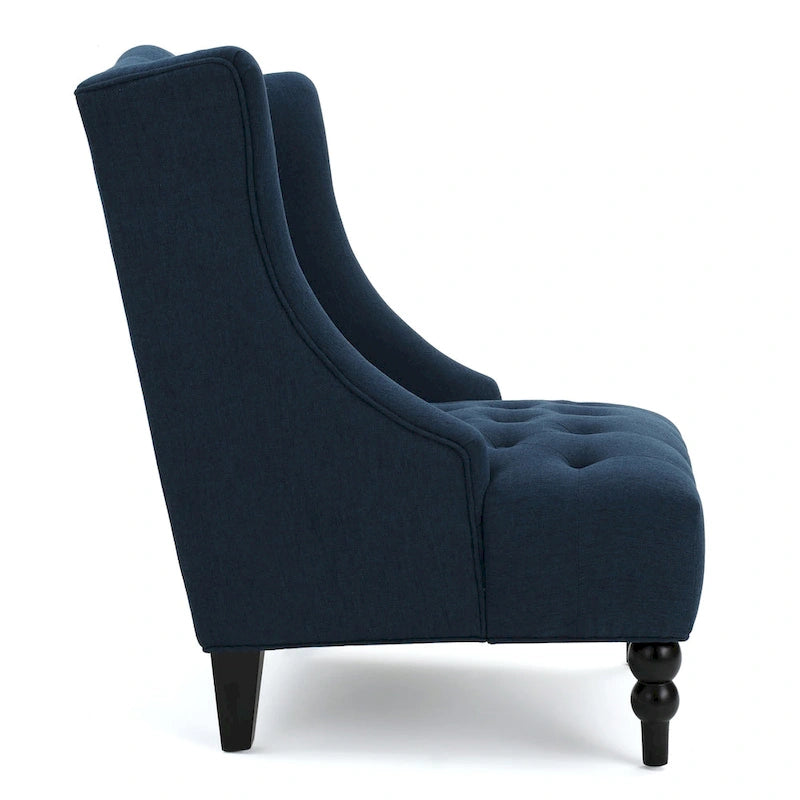 Fauteuil d'appoint capitonné à oreilles, sarcelle/bleu marine, surpiqûres losanges, pieds en bouleau, 1 place