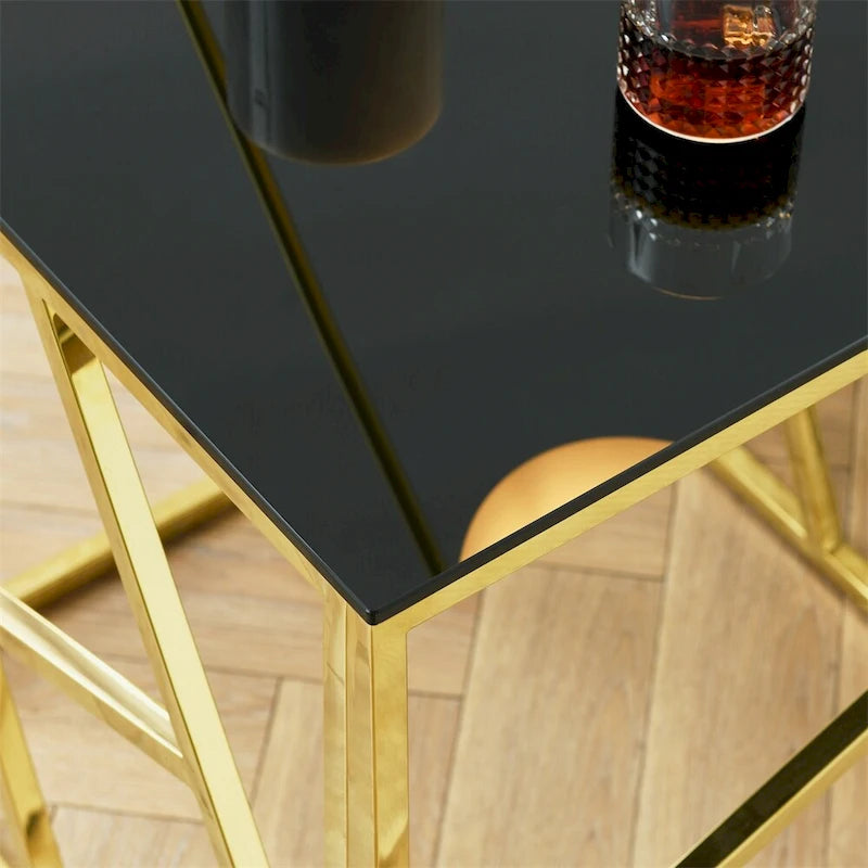 Table d'appoint en verre trempé à structure métallique, chrome/doré poli, style moderne, 1 personne