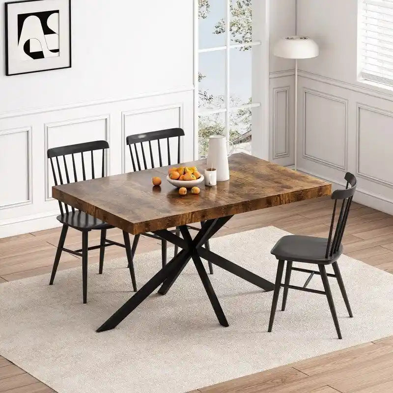 Table à manger extensible avec piétement en métal croisé et boîte de rangement, brun rustique/gris, style ferme, 4-6 personnes