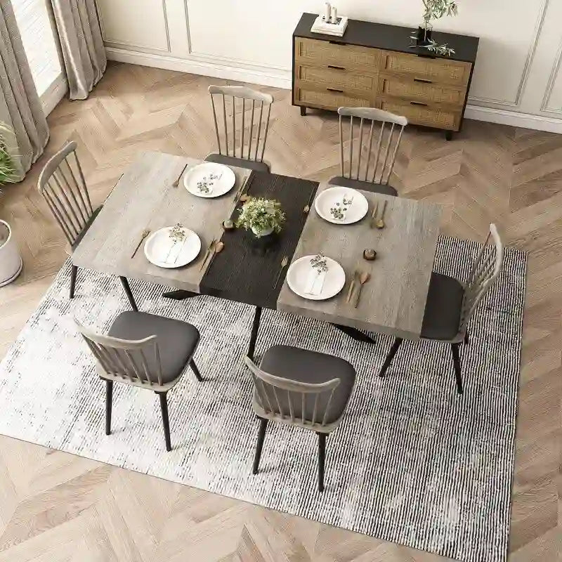 Table à manger extensible avec piétement en métal croisé et boîte de rangement, brun rustique/gris, style ferme, 4-6 personnes