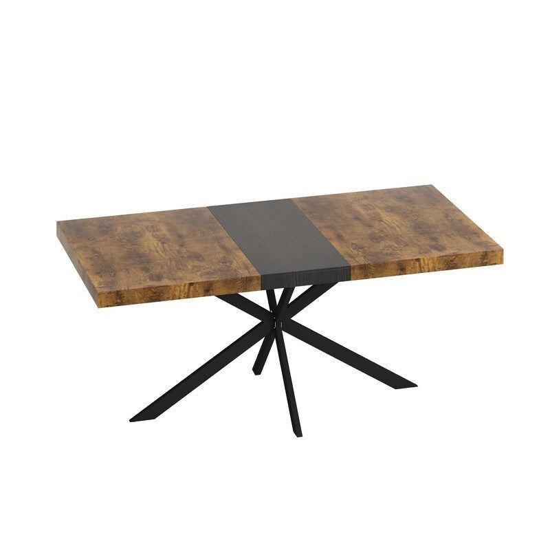 Table à manger extensible avec piétement en métal croisé et boîte de rangement, brun rustique/gris, style ferme, 4-6 personnes