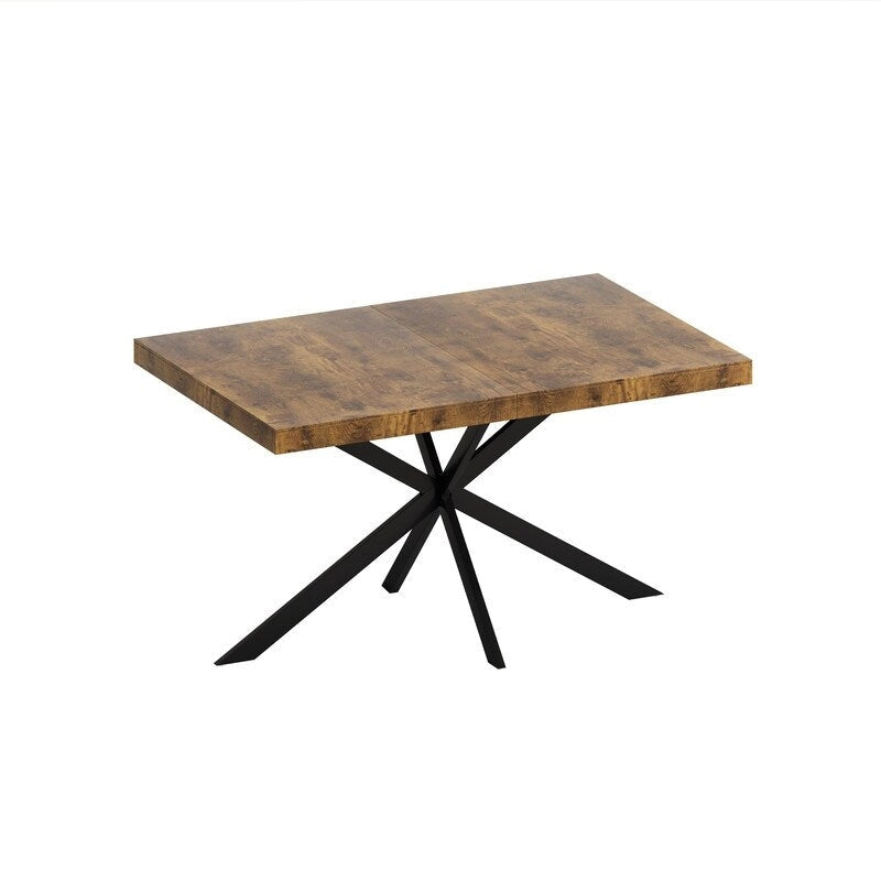 Table à manger extensible avec piétement en métal croisé et boîte de rangement, brun rustique/gris, style ferme, 4-6 personnes