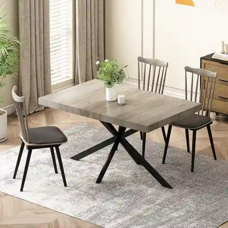 Table à manger extensible avec piétement en métal croisé et boîte de rangement, brun rustique/gris, style ferme, 4-6 personnes