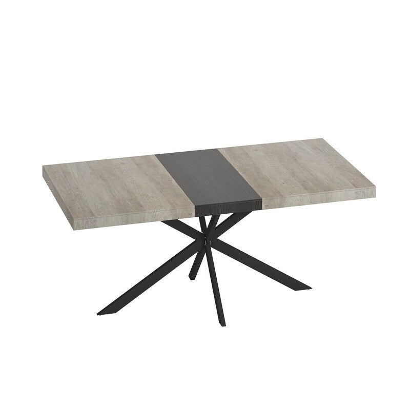Table à manger extensible avec piétement en métal croisé et boîte de rangement, brun rustique/gris, style ferme, 4-6 personnes