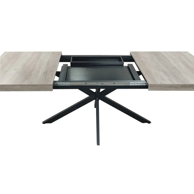 Table à manger extensible avec piétement en métal croisé et boîte de rangement, brun rustique/gris, style ferme, 4-6 personnes