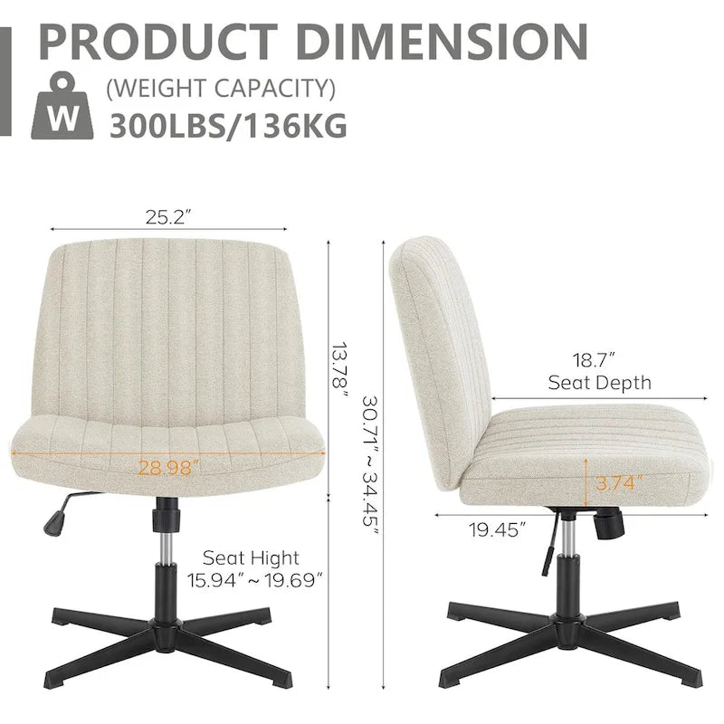Chaise de bureau pivotante sans accoudoirs avec assise en tissu et hauteur réglable, beige/marron/gris, style moderne, 1 personne