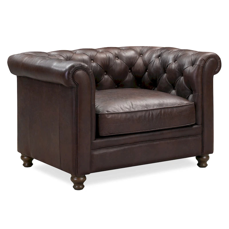 Fauteuil club Chesterfield en cuir, Madagascar Cacao / Tan Cognac, accoudoirs roulés capitonnés, 1 personne
