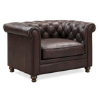 Fauteuil club Chesterfield en cuir, Madagascar Cacao / Tan Cognac, accoudoirs roulés capitonnés, 1 personne