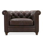 Fauteuil club Chesterfield en cuir, Madagascar Cacao / Tan Cognac, accoudoirs roulés capitonnés, 1 personne