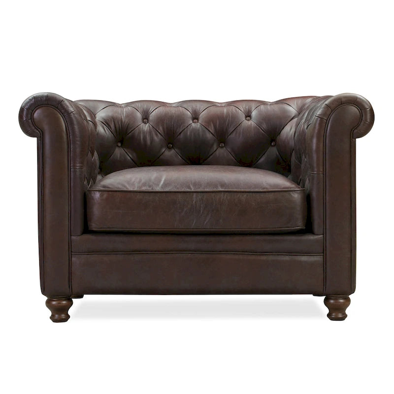 Fauteuil club Chesterfield en cuir, Madagascar Cacao / Tan Cognac, accoudoirs roulés capitonnés, 1 personne