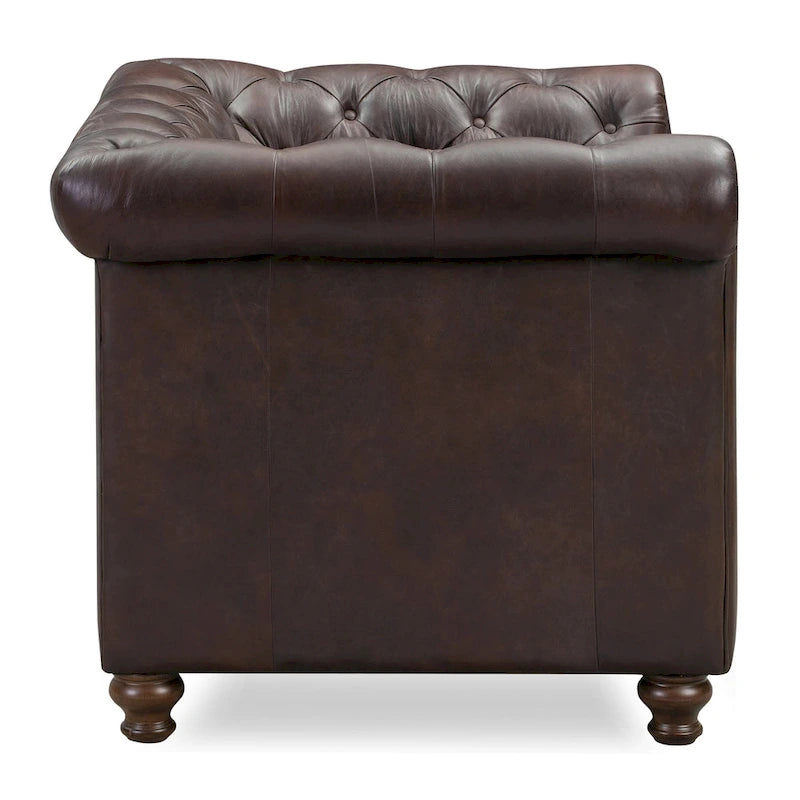 Fauteuil club Chesterfield en cuir, Madagascar Cacao / Tan Cognac, accoudoirs roulés capitonnés, 1 personne
